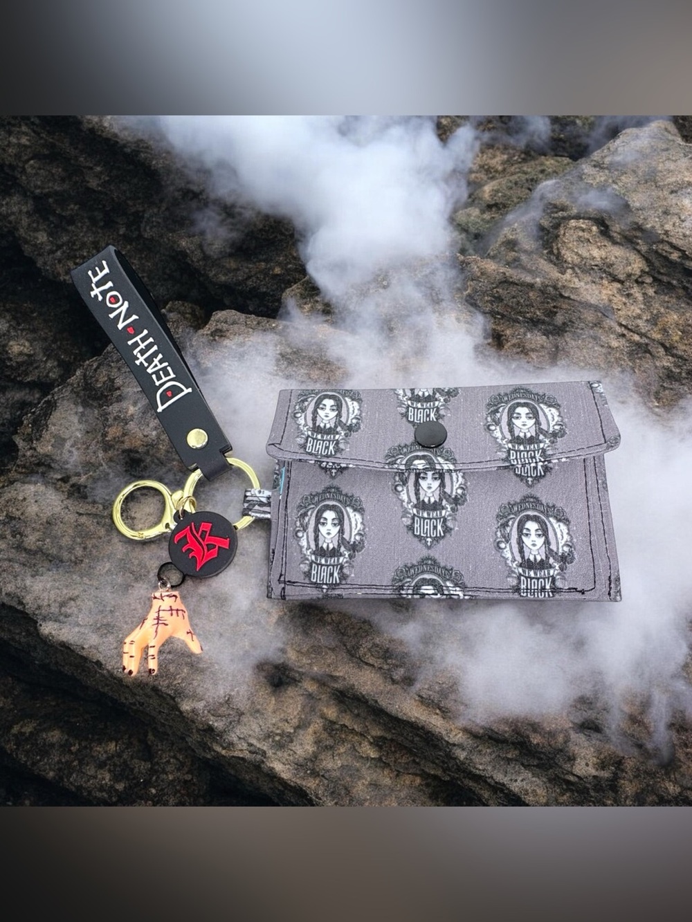 Wednesday Inspired Black Graphic Fabric Wallet with Keychain Strap